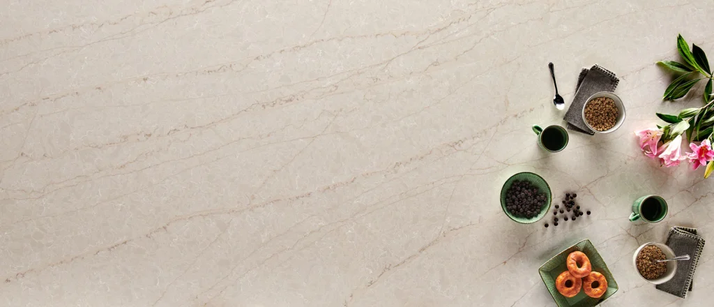 Lumataj quartz countertop slab with creamy white base and soft gray swirling veins for modern kitchens