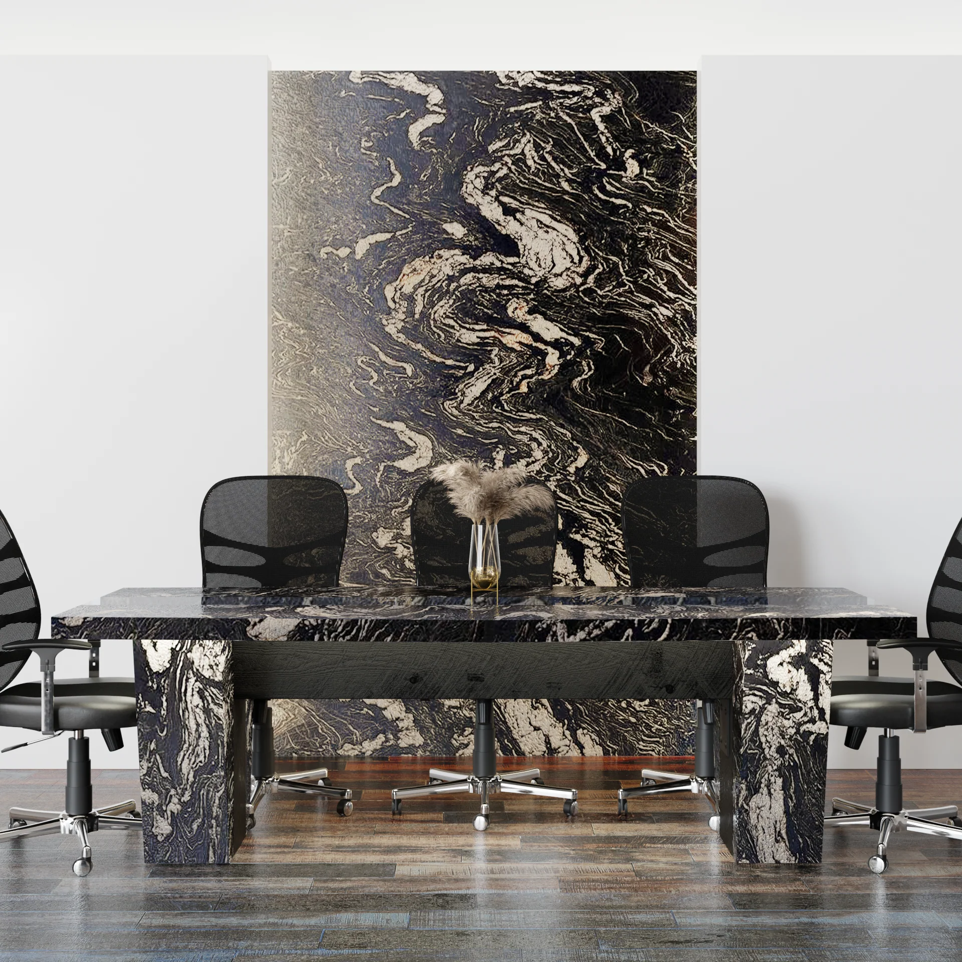 Bold titanium granite wall panel with swirling black, white, and gold veining behind modern office seating