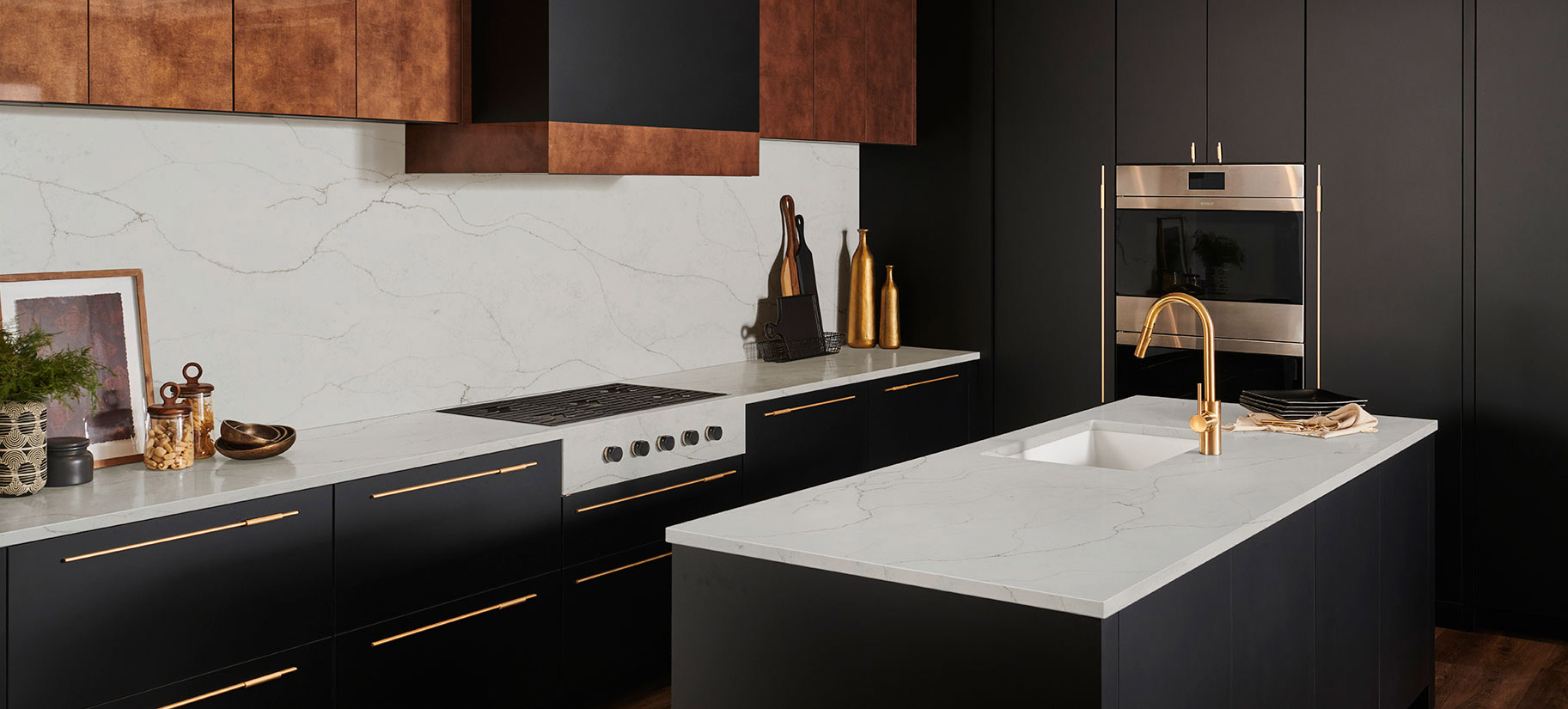 Calacatta Prado quartz countertop slab with white background and subtle gray-brown veining for modern kitchens