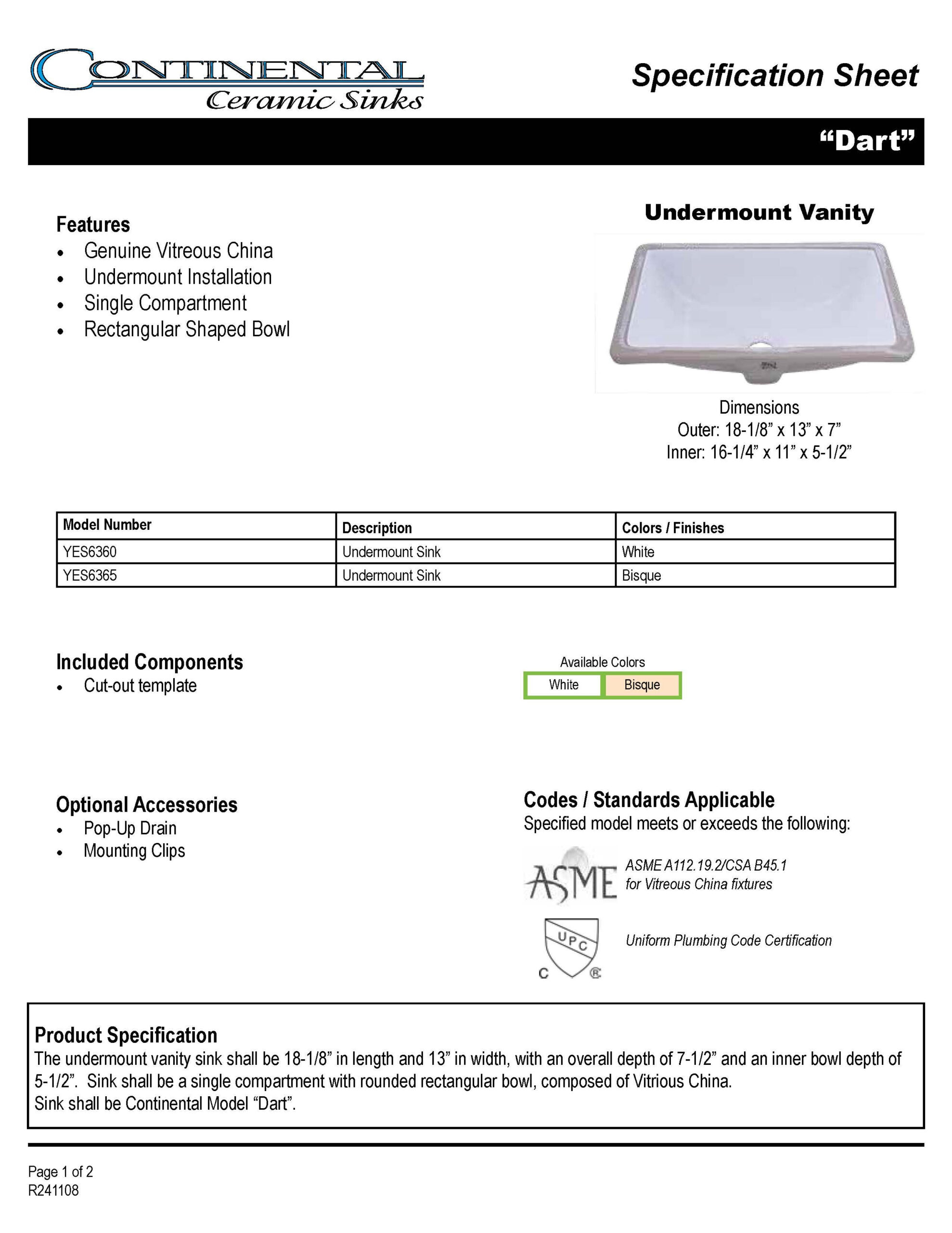 Vanity White Rectangle - Porcelain - Continental Ceramic YES6360 - Image 2